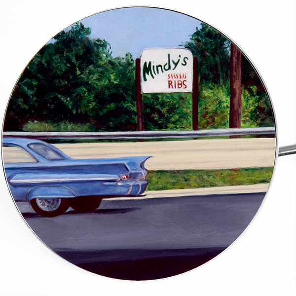 Mindy's Ribs (Mokena, IL), 2016, 4.25 in diameter, oil/panel, motorcycle mirror housing