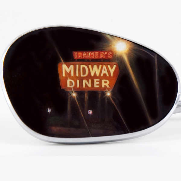 Midway, 3.5 x 5.75 in, oil/panel, motorcycle mirror housing