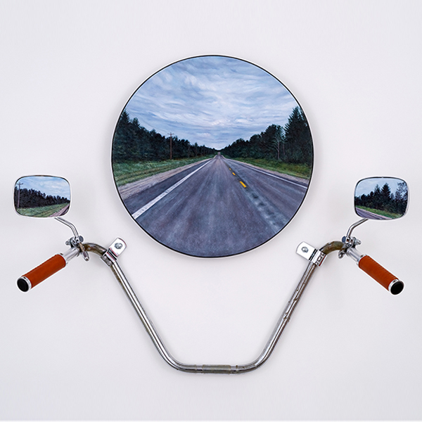 Near Brimley, MI (triptych), 2019, Oil/canvas & panel,chrome,rubber, 23 x 31 x 7.5 in